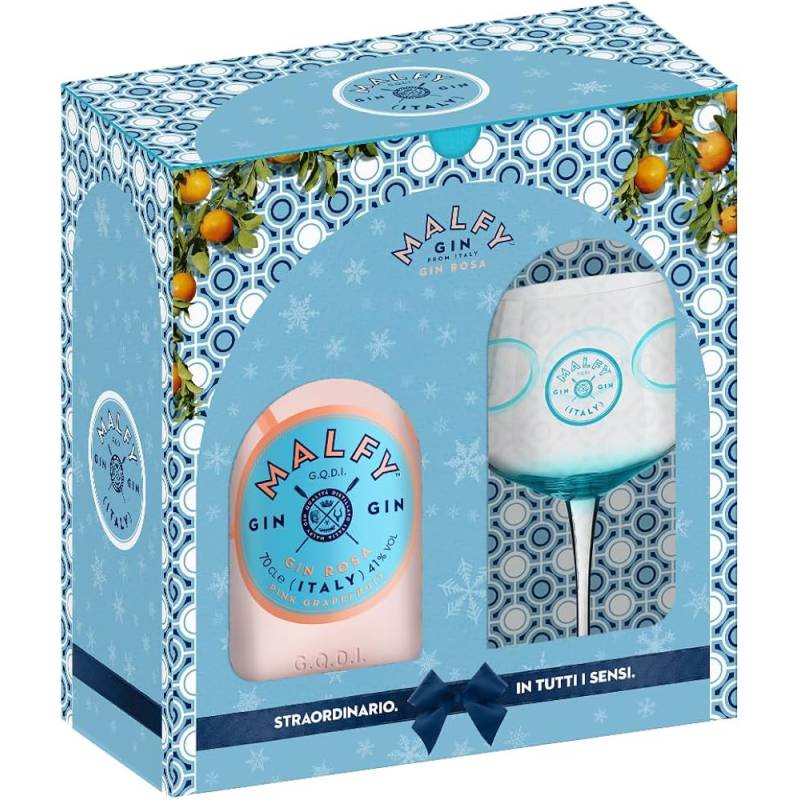Gin Malfy Rosa confezione regalo con bicchiere Torino Distillati